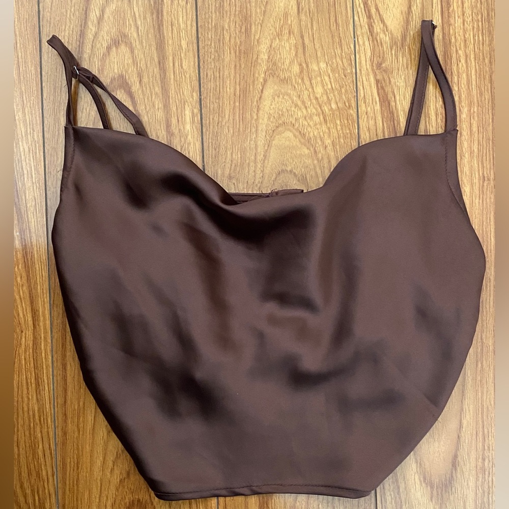 Brown Satin Cowl Neck Top